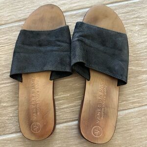 Handmade leather slides, suede tops, black, size 7, flats